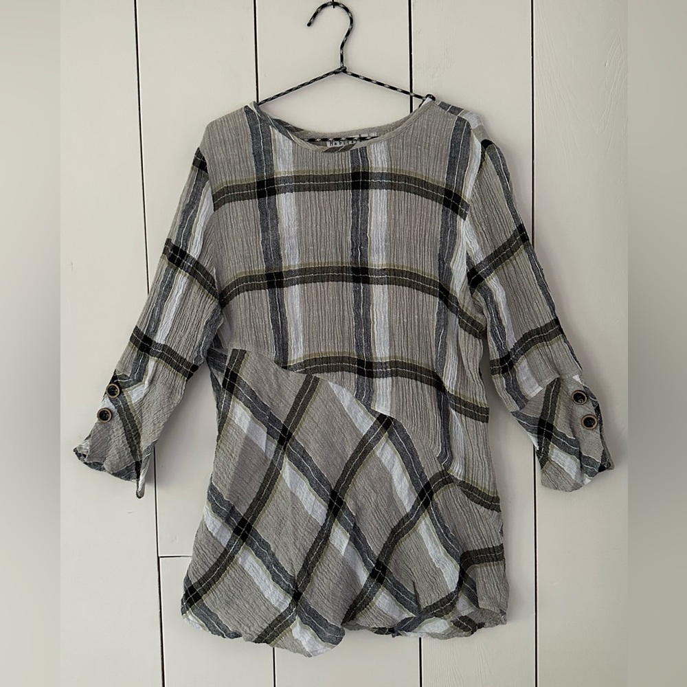 Habitat Linen Plaid Tunic Sz XL Lagenlook Neutrals
